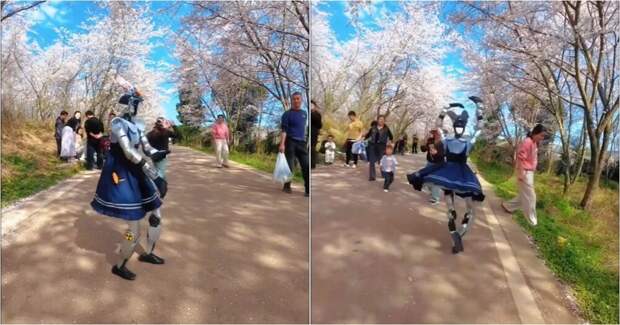 В Китае роботы тоже любуются цветением вишни: металлическая танцовщица отплясала среди деревьев