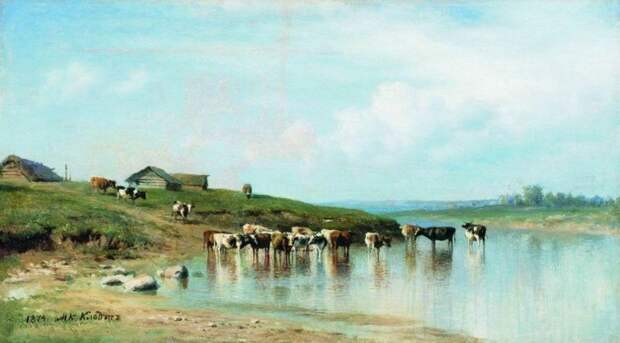 Художник М.Клодт. Стадо коров на водопое. 1874.