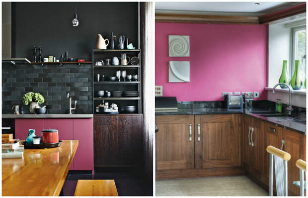 Кухня с розовыми деталями.