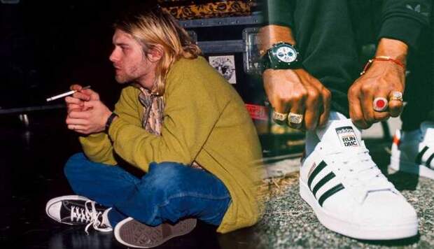 Слева направо: Курт Кобейн в чёрных кроссовках Converse. \ Run-DMC x Adidas Superstar. \ Фото: pinterest.com. Слева направо: Курт Кобейн в чёрных кроссовках Converse. \ Run-DMC x Adidas Superstar. \ Фото: pinterest.com.