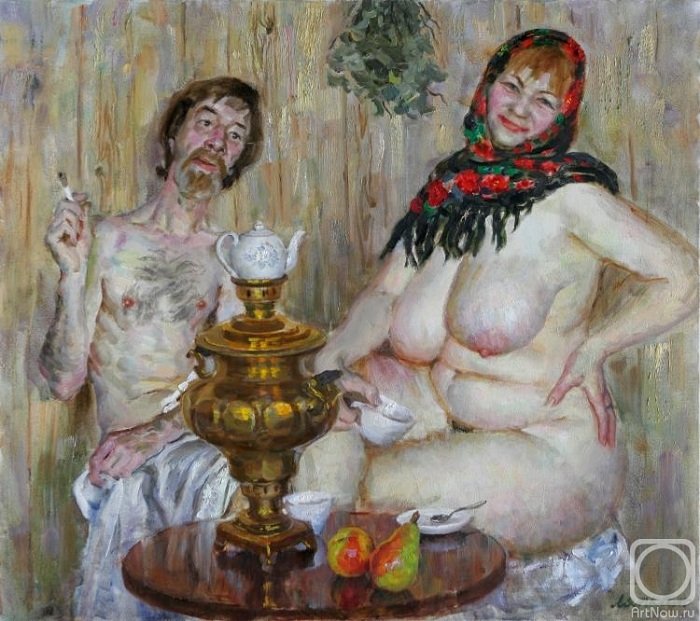 Русская банька. У самовара. Автор: Виктор Ляпкало. 300 лет русскому самовару: Как появилось в России это мудреное приспособление