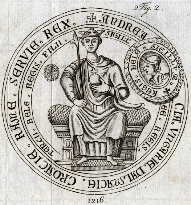 English: Seal of Andrew II of Hungary (used in 1216)  Slovenčina: Pečať Ondreja II. z roku 1216 Date	1805 Source	Syntagma historicum de sigillis regum, et reginarum Hungariae Author	Georgio Pray