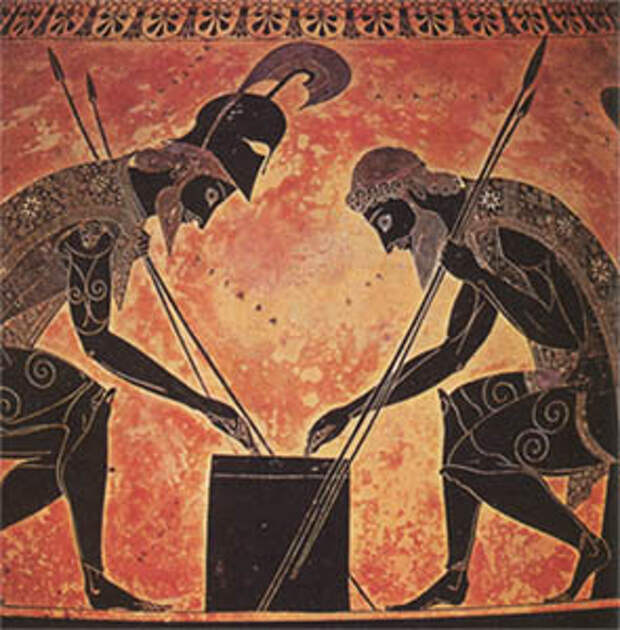 Ахилл и Аякс, играющие в кости. Фрагмент росписи чернофигурной амфоры Эксекия. 530-525 до н. э.