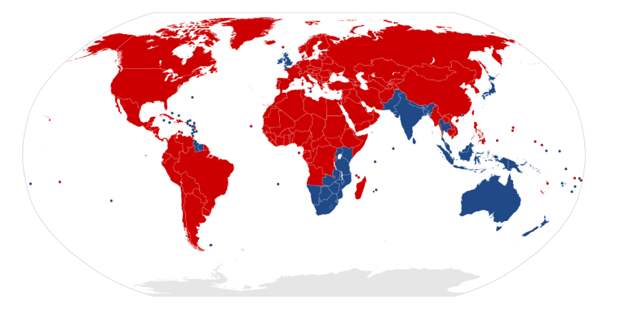 Красный цвет — это страны с привычным нам правосторонним движением. Синие — левосторонние авто, левый, правый, руль, факты