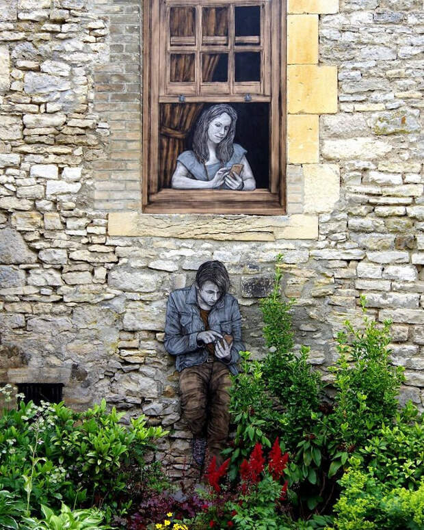 Уличные рисунки художника Levalet взаимодействуют с окружающей средой