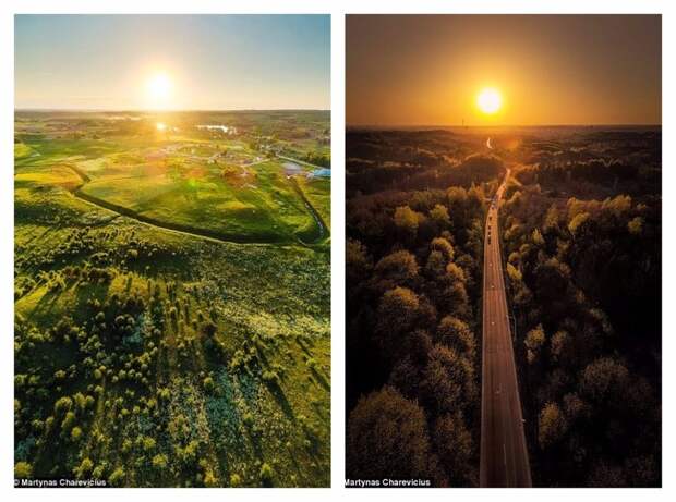 Слева - Дубингяй, Молетский район. Справа - закат над Черной дорогой, Вильнюс дрон, квадрокоптер, литва, пейзаж, пейзажи природы, природа, фотографии природы