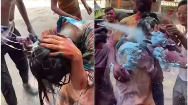 Японскую туристку облили краской на празднике Холи в Индии