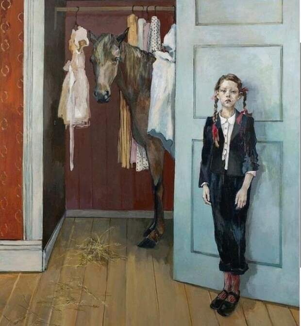Картина норвежки Ингебьерг Фройдис называется «Можно я его оставлю?» У кого-то в шкафу скелет, а у кого-то — целая лошадь. Ссылка на инсту художницы: https://instagram.com/ingebjorgstoyvaart?igshid=16i8r4889stuw