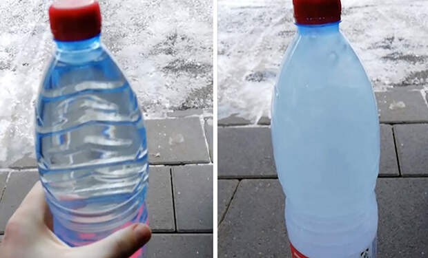 Водитель в Канаде выставил бутылку с водой за окно при -40. На видео лед образовался за 1 секунду