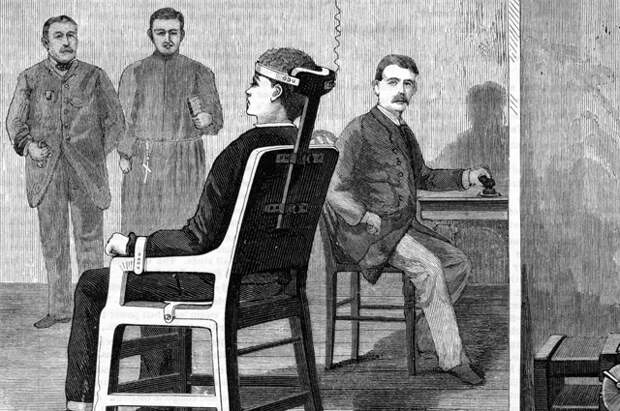Казнь на электрическом стуле. Иллюстрация выполнена после экспериментов о целесообразности проведения смертной казни в 1888 году.