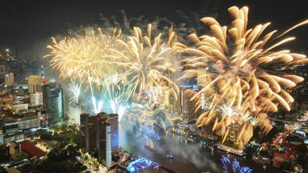 NYE fireworks drone perspective