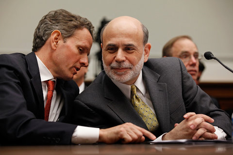 Treasury Secretary Timothy Geithner, left, and Ben Bernanke, chairman of the Federal Reserve, at a House panel in 2010.