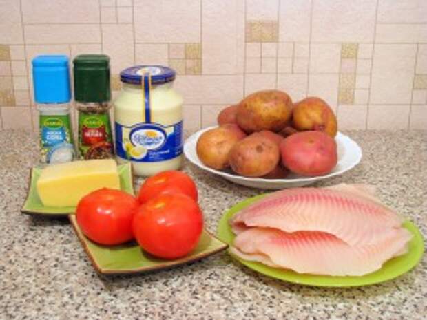 Рыба с картофелем, запеченные под майонезом. Ингредиенты