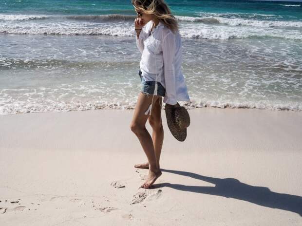 пляжная мода, белая рубашка, обрезанные шорты, шляпа, beach style, white shirt, jeans shorts, hat