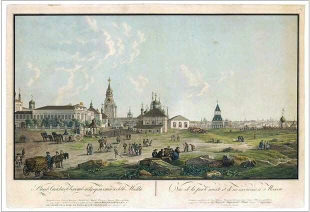 Спасские ворота и окрестности от Ивановской площади в Кремле на Архиерейский дом, Спасскую башню и церковь Николая Гостунского, 1795 год.