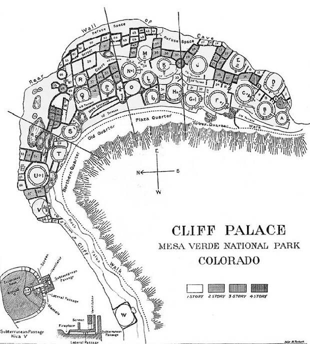 Предположительная планировка, сделанная археологами после тщательного изучения руин древнего города Cliff Palace (Mesa Verde National Park). | Фото: ru.wikipedia.org.