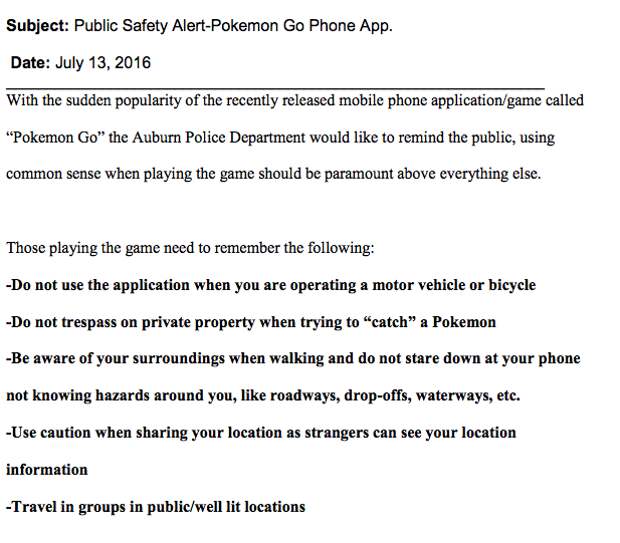 The accident prompted Auburn police, like several other police departments across the country, to issue a public safety alert about Pokémon Go.