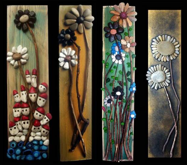 Картины с изображением цветов, выполненные из дерева и морской гальки. 