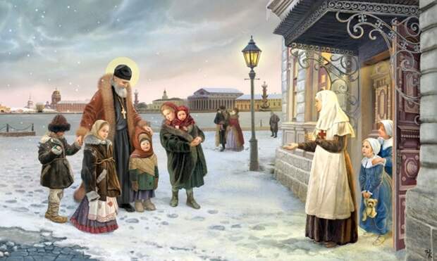 Святой праведный Иоанн Кронштадтский приводит бездомных детей в приют (700x419, 104Kb)
