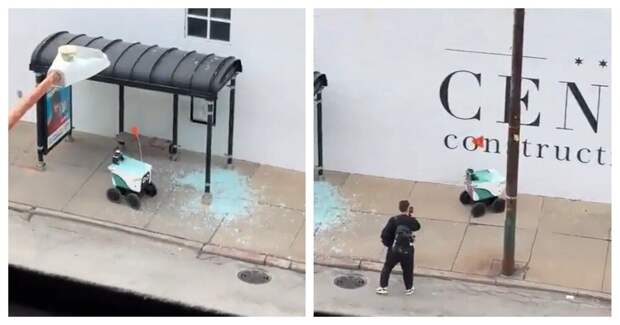 Робот-доставщик протаранил автобусную остановку