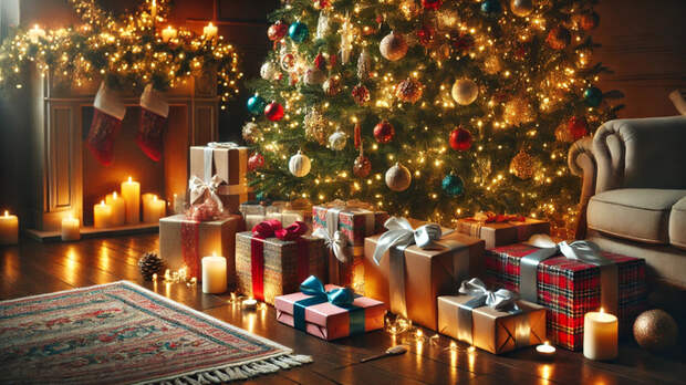 Новогодняя елка. Подарки /  Изображение сгенерировано нейросетью DALL-E / amic.ru