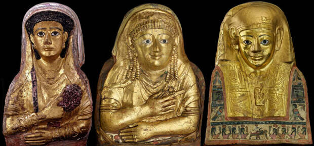 Слева направо: Позолоченные гробы Афродиты, дочери Дидеса, 20 лет. \ Фото: britishmuseum.org. \ Гробница Исайи, дочери Деметрия. \ Фото: egyptmanchester.wordpress.com. \ Маска мумии Тита Флавия Деметрия, римлянина. \ Фото: ipswich.cimuseums.org.uk.