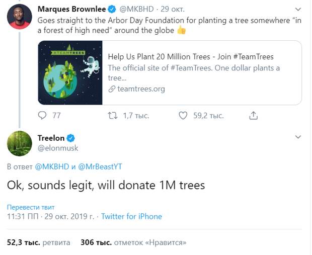 Илон Treelon Маск и проект #TeamTrees
