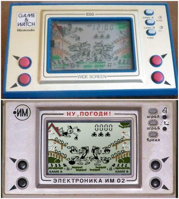Nintendo EG-26 EGG, Япония, 1981 года и Электроника ИМ-02 «Ну, погоди!», СССР, 1984 года. Nintendo EG26 EGG Япония 1981 года и Электроника ИМ02 Ну погоди СССР 1984 года
