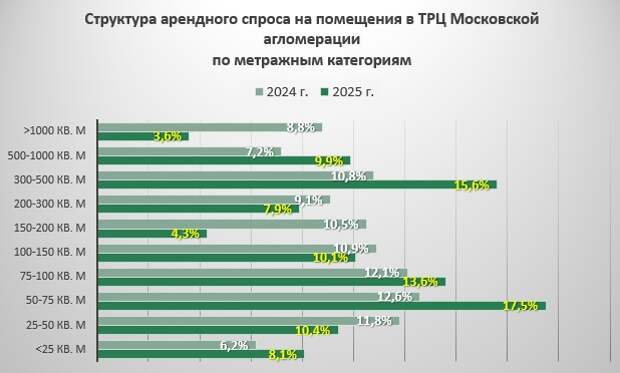 Площадь арендуемых помещений в московских ТРЦ за год сократилась на 12%, в региональных – на 28%