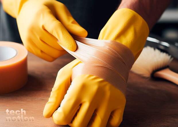 Скотч поможет предотвратить попадание влаги в перчатки / Изображение: дзен-канал technotion