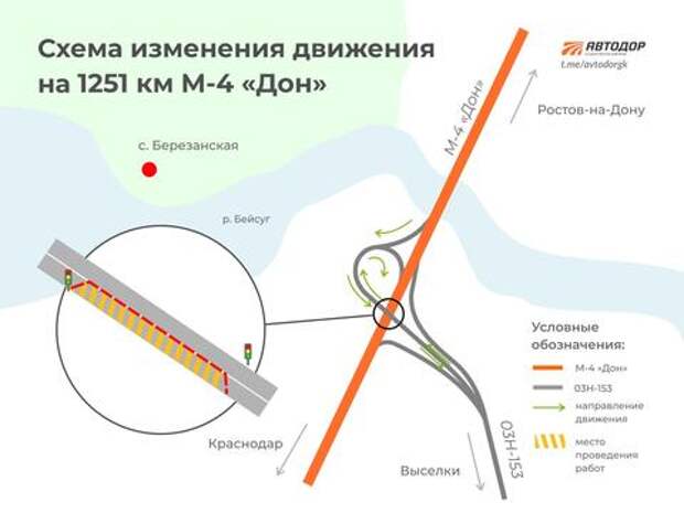 На участке трассы М-4 «Дон» в Выселковском районе Кубани вводят реверсивное движение