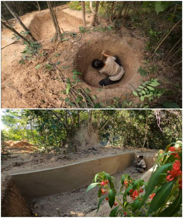 Девушка вырыла котлован и укрепила почву раствором глины и озерного ила. Девушка вырыла котлован и укрепила почву раствором глины и озерного ила.