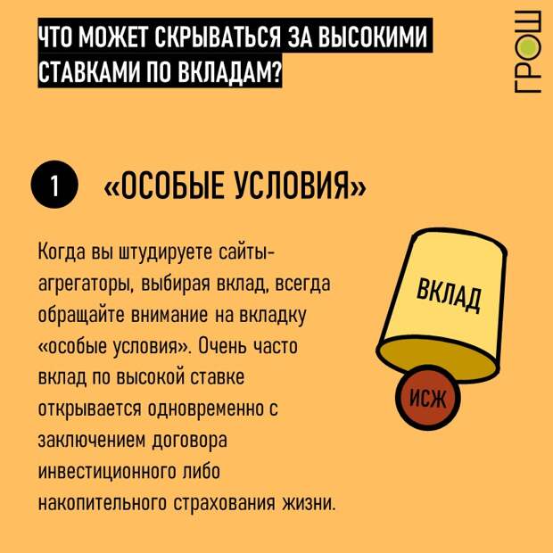 Выгодные ставки по вкладам, что по ним может скрываться на самом деле? Подборка хитростей, на которые стоит обращать внимание при заключении  Особые условия: Когда вы штудируете сайты-агрегаторы вроде Банки.ру, всегда обращайте внимание на вкладку «особые условия». Очень часто вклад по высокой ставке открывается одновременно с заключением договора инвестиционного либо накопительного страхования жизни.  @groshblog