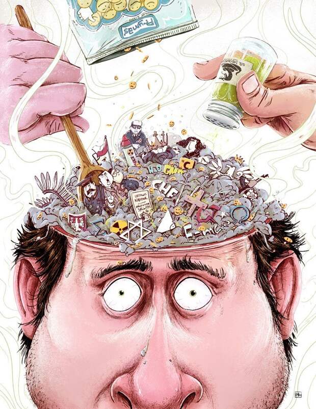 Каша в голове Каша в голове Михаил Дзекан, в мире, карикатура, люди, мир, рисунок, фантазия, художник