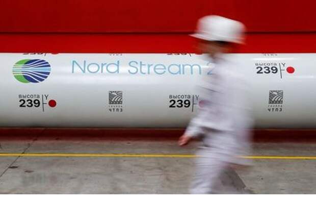 The logo of the Nord Stream 2 gas pipeline project is seen on a large diameter pipe at Chelyabinsk Pipe Rolling Plant owned by ChelPipe Group in Chelyabinsk, Russia February 26, 2020. Picture taken February 26, 2020. REUTERS/Maxim Shemetov