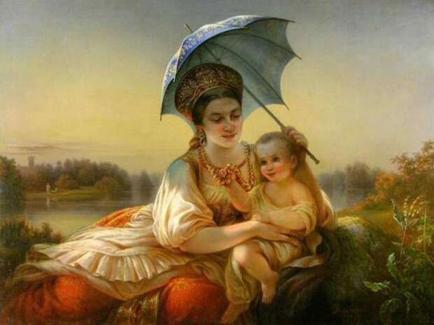 Russian costume in painting. Arnold (Andrey) Abramovich Zelenskiy. A Wet Nurse with a Child. 1857. 