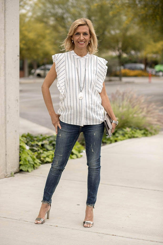 stripe sleeveless shirt with ruffle detail
