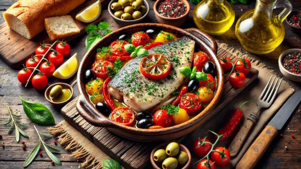 Готовим в горшочках: ароматный хек с маслинами и томатами