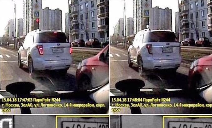 Пока водитель ждал включения зеленого света, находившийся позади него в соседней полосе паркон дважды заснял Ford на камеру с разницей в одну минуту. ford, авто, нарушение, парковка, паркон, пдд, светофор, штраф