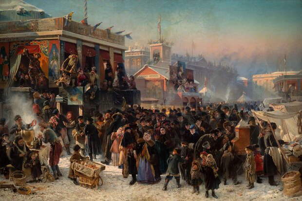 Константин Маковский, «Народное гулянье во время Масленицы на Адмиралтейской площади в Петербурге», 1869 год