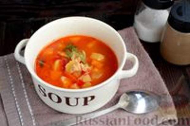 Фото к рецепту: Томатный суп из индейки с картофелем и болгарским перцем