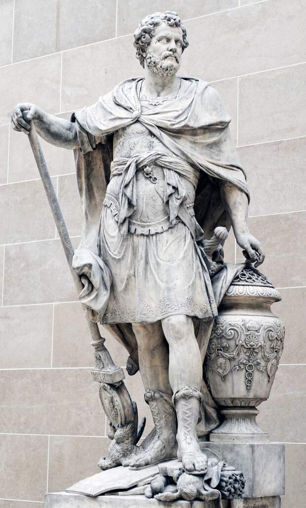 Ганнибал считает кольца убитых в битве римских всадников, статуя Себастьена Шлодтца, 1704, Лувр, Франция.