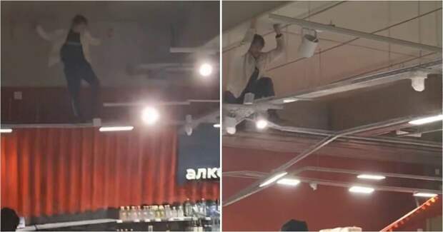 Неадекват залез под потолок и устроил разрушительный перфоманс в калининградском магазине