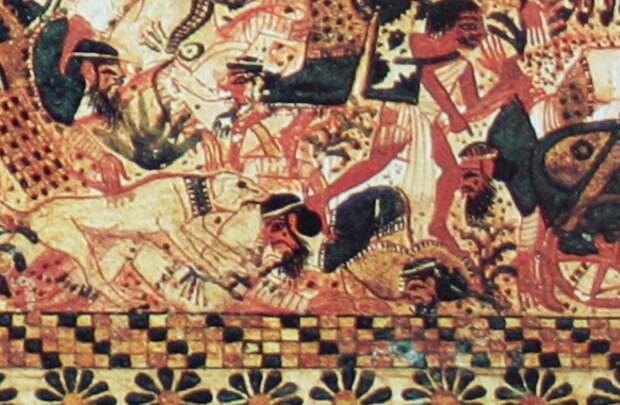 Собака в бою. Фрагмент фрески "Тутанхамон на колеснице" из гробницы в Долине царей. 