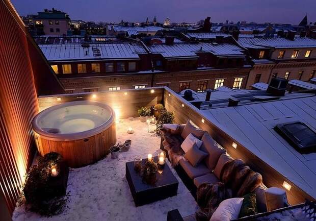 10. В горячей ванне на зимней крыше дома в Гетеборге, Швеция. места для отдыха, отдых, природа, путешествие