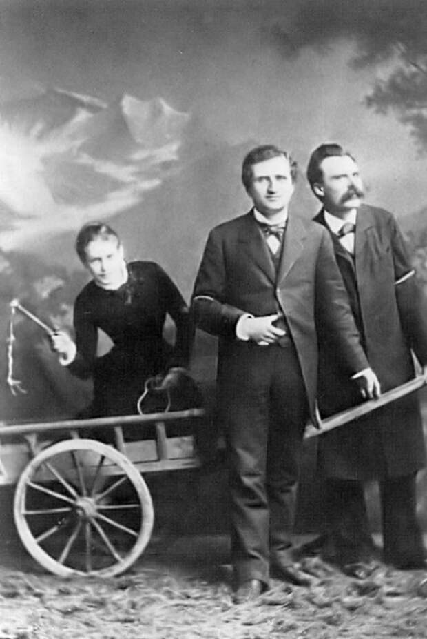 Лу Саломе в повозке, запряженной Паулем Рэ и Фридрихом Ницше, 1882 год