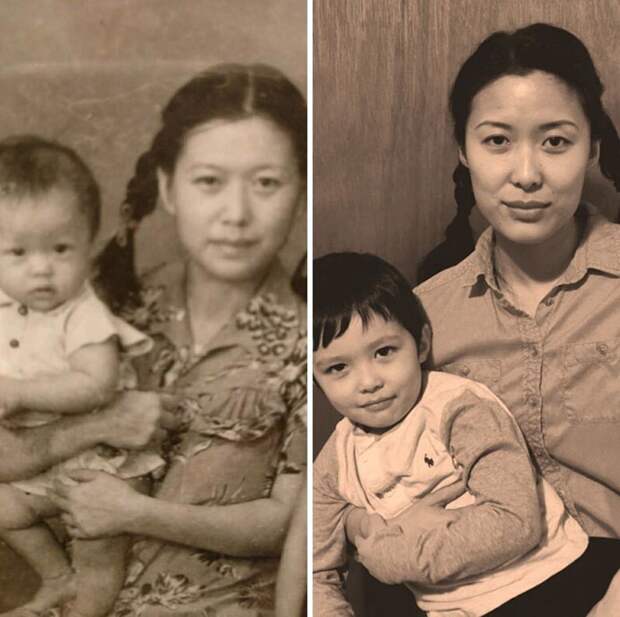 Слева бабушка женщины, держащая её отца, справа уже она сама, держащая своего собственного сына - первый снимок был сделан ровно 63 года назад