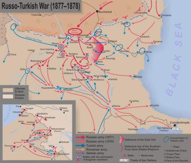 Карта боевых действий во время Русско-Турецкой войны 1877−1878 годов.