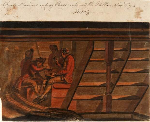 Четыре британских морских пехотинца едят горох в трюме британского фрегата Pallas. Gabriel Bray, 1774 год. | Фото: uncoveringhiddenlives.com.