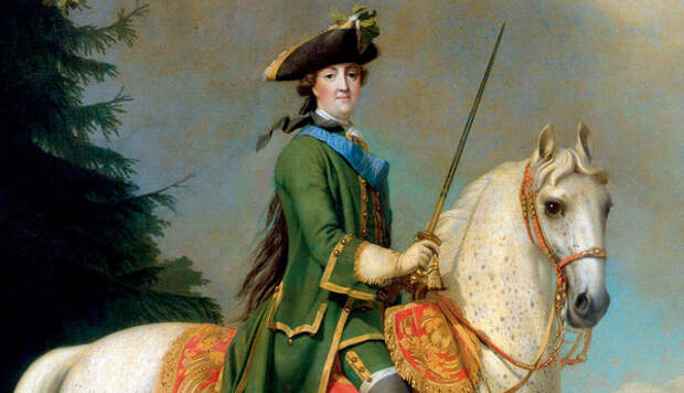 Екатерина II ничего не жалела для своих фаворитов.  Вигилиус Эриксен «Портрет Екатерины II верхом» (После 1762 года)